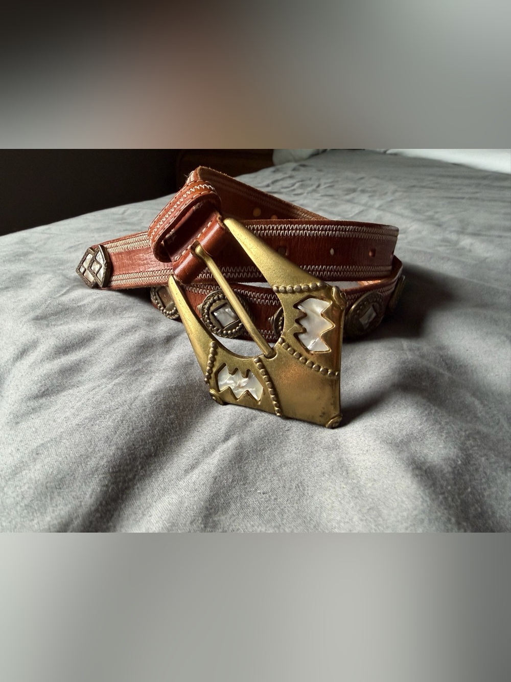 Linea Pelle Vintage Brown Leather Concho Belt with Geometric Brass Buckle